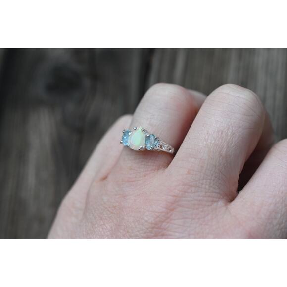 Aquamarine and opal engagement ring sterling silver size 3 4 5 6 7 8 9 10 11 12 - Picture 3 of 5